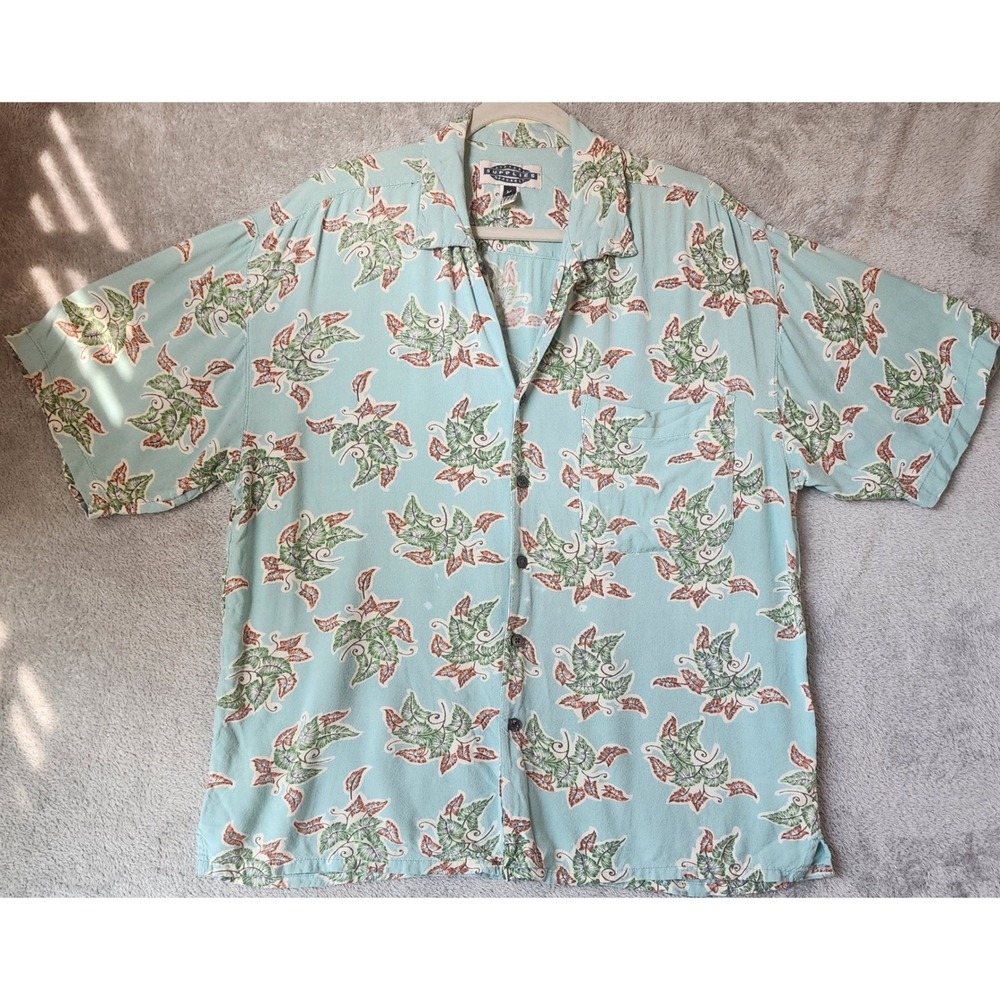 Supplies Menswear Shirt Medium Aqua Blue Tropical Leaf Short Sleeve Rayon